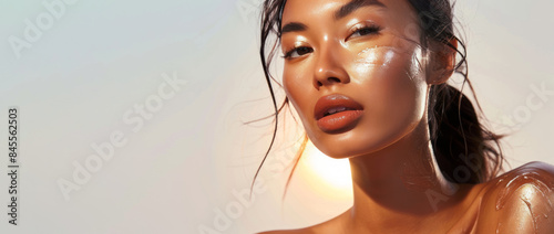 A closeup of a woman with glossy skin and a radiant glow, her face adorned with metallic makeup and her dark hair in a ponytail, is set against a light backdrop.