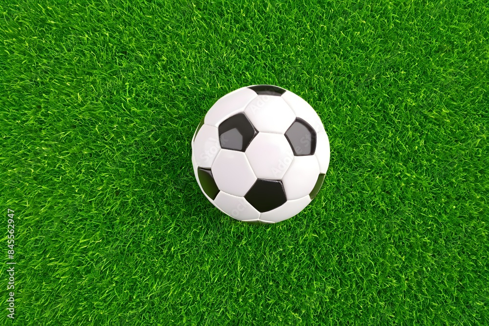 Isolated soccer ball resting on a green field, ready for play and team sports. Top view, Isolated soccer ball resting on a green field, ready for play and team sports. Top view,