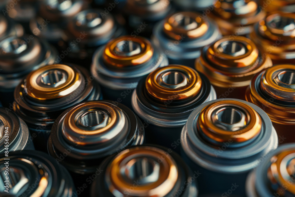A close-up of many batteries with steel and copper colors is captured in high resolution, high detail, and ultra-realistic style. A close-up of many batteries with steel and copper colors is captured in high resolution, high detail, and ultra-realistic style.