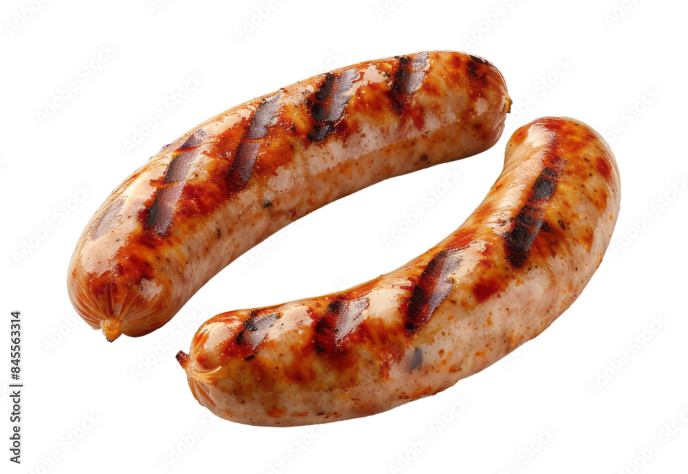 Two grilled sausages are isolated on a transparent background, captured in a detailed photo with an aesthetic color scheme and soft lighting. Two grilled sausages are isolated on a transparent background, captured in a detailed photo with an aesthetic color scheme and soft lighting.