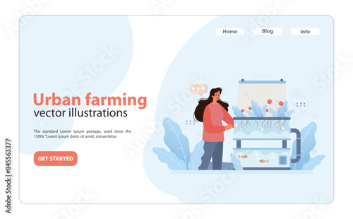 Woman monitoring a multi-tiered hydroponic system. Flat vector illustration