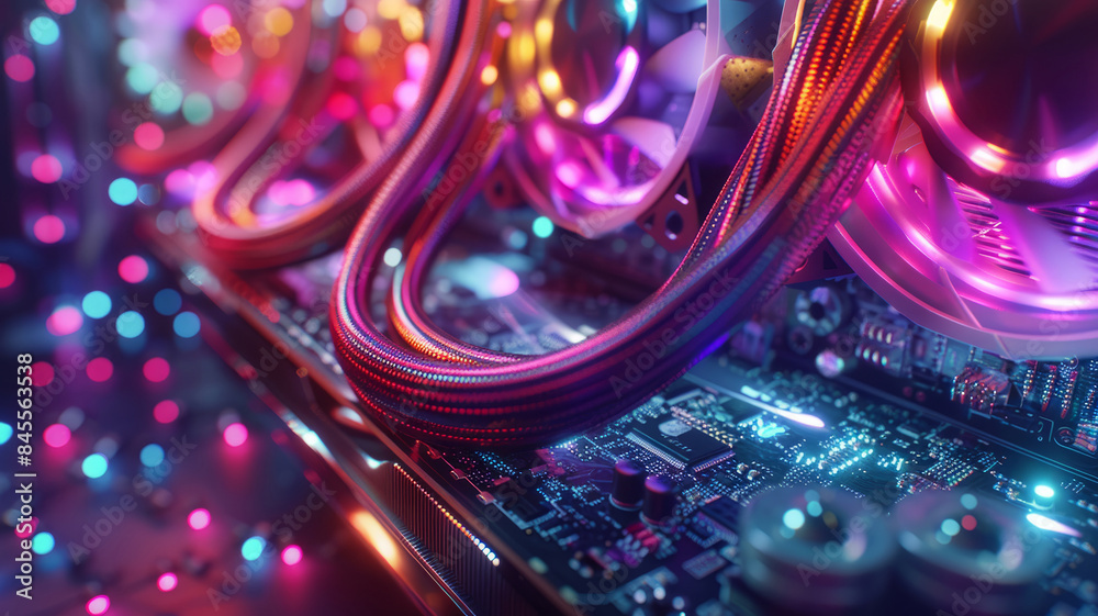 A colorful, illuminated motherboard with wires. A colorful, illuminated motherboard with wires.