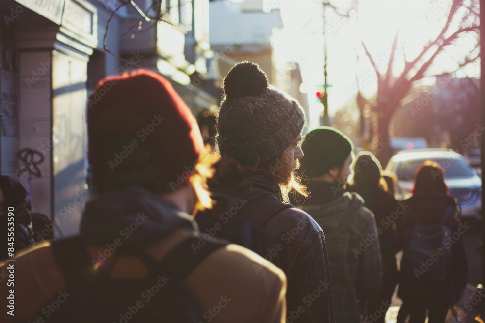 Crowded street in the evening. Back view of a group of people walking on the street. Crowded street in the evening. Back view of a group of people walking on the street.