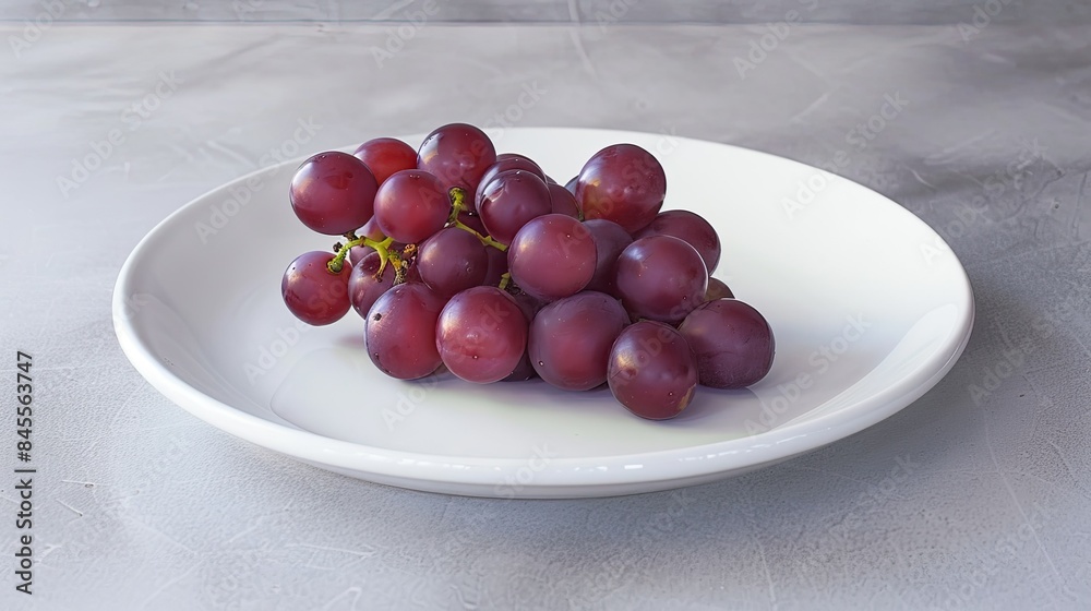 *A pristine white plate with a bunch of vibrant purple grapes, photographed with soft natural light *A pristine white plate with a bunch of vibrant purple grapes, photographed with soft natural light