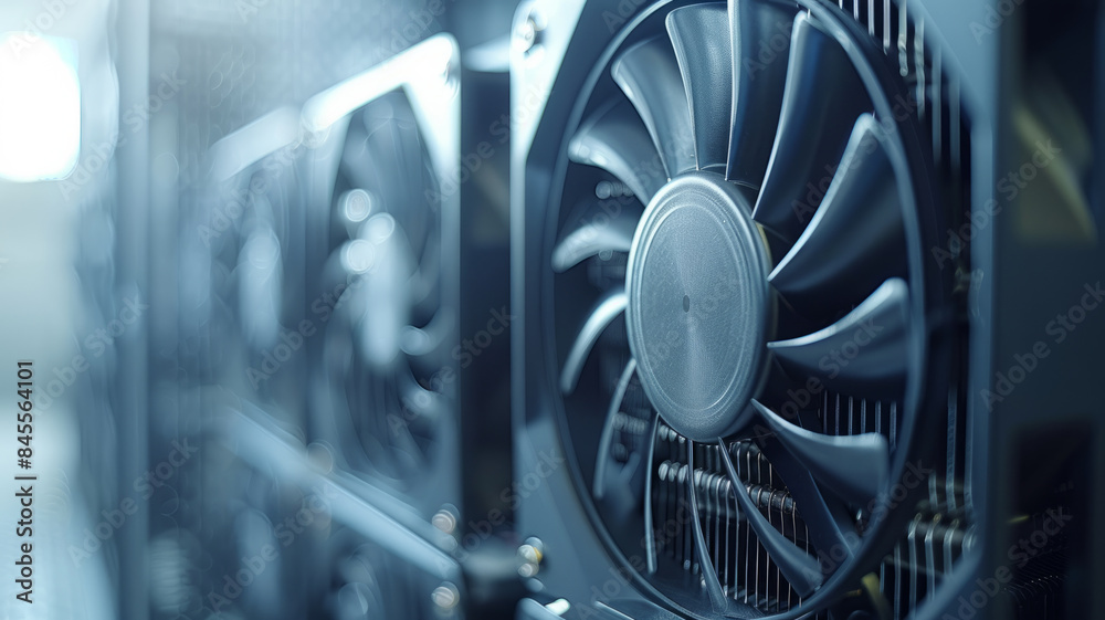 Close-up view of a graphics card cooling fan. Close-up view of a graphics card cooling fan.