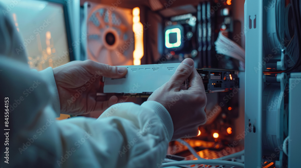 Technician installing hardware in a server room. Technician installing hardware in a server room.