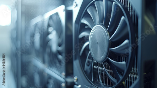 Close-up view of a graphics card cooling fan. photo