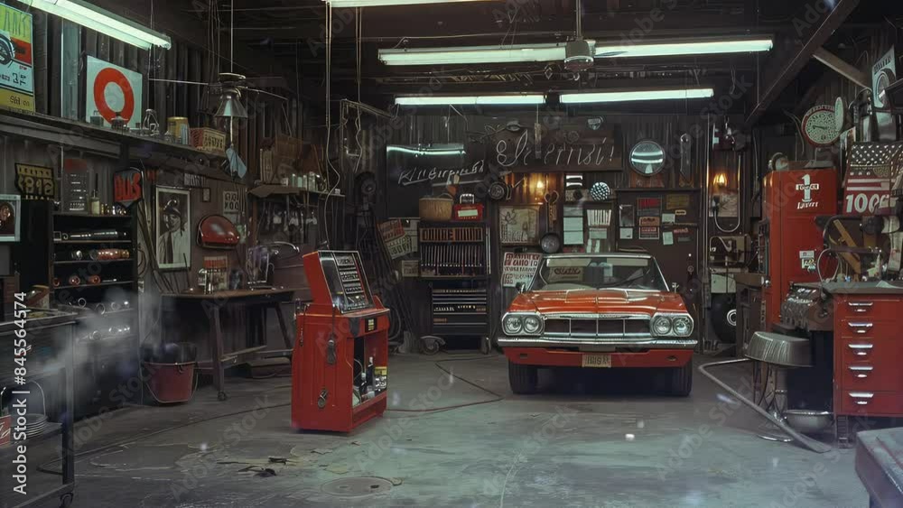 Animation Vintage Car in Retro Automotive Repair Shop generated with ai 