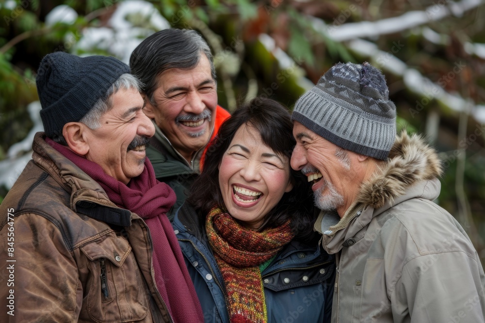 Group of happy senior friends having fun in the park on a winter day Group of happy senior friends having fun in the park on a winter day
