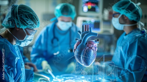A group of surgeons are performing a heart surgery. The image is a combination of real and digital elements, giving the impression of a futuristic medical procedure. Scene is serious and focused