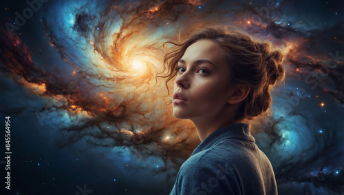 Surreal young woman in galaxy rift photo