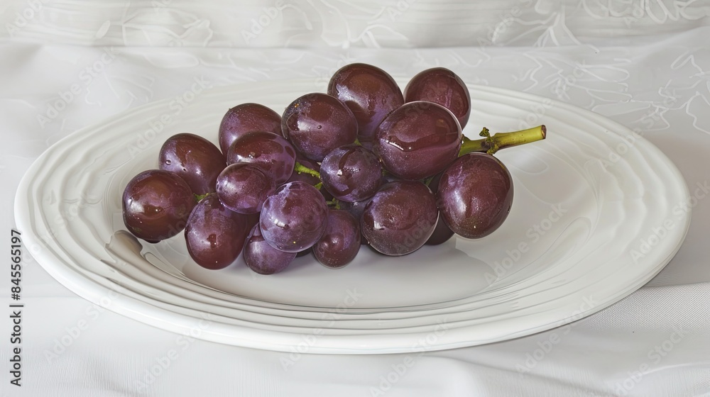 A white plate with a bunch of purple grapes, photographed with soft, natural light for a fresh look. A white plate with a bunch of purple grapes, photographed with soft, natural light for a fresh look.