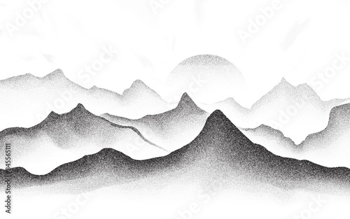Mountain landscape stipple dots silhouette illustration, noisy and grainy hill texture background