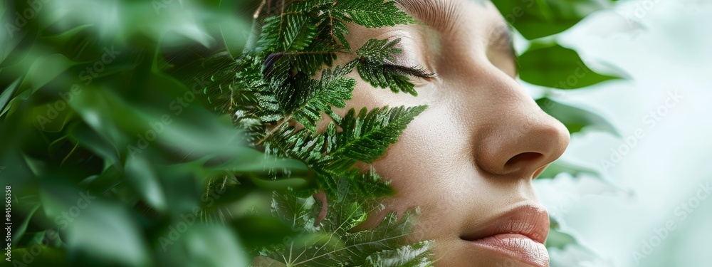 A woman's face is covered in leaves, giving the impression of a natural, organic beauty. Concept of peace and tranquility, as the woman is in a serene and natural environment A woman's face is covered in leaves, giving the impression of a natural, organic beauty. Concept of peace and tranquility, as the woman is in a serene and natural environment