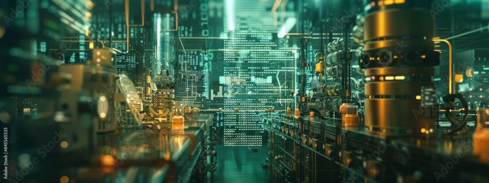 A futuristic cityscape with a lot of technology and machinery. Scene is futuristic and industrial A futuristic cityscape with a lot of technology and machinery. Scene is futuristic and industrial