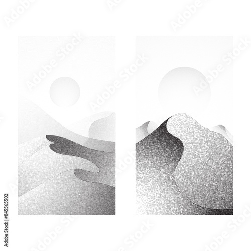 Desert and dune stipple dots silhouette poster illustration pack, noise hill mountain grainy texture