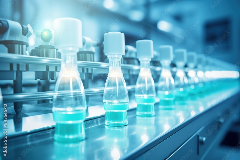 Pharmaceutical industry. Production line machine conveyor with glass bottles ampoules at factory. Pharmaceutical industry concept background Pharmaceutical industry. Production line machine conveyor with glass bottles ampoules at factory. Pharmaceutical industry concept background