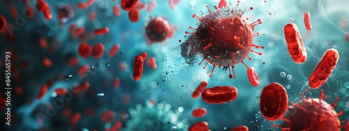 A close up of red blood cells with a virus in the middle. The virus is surrounded by red blood cells, which are scattered throughout the image. Scene is one of chaos and destruction photo