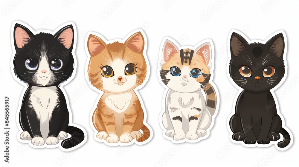 Colorful cartoon cats with expressive eyes on a white background. Cute stickers set collection. Colorful cartoon cats with expressive eyes on a white background. Cute stickers set collection.