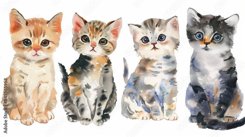 Watercolor collection of cute kittens with big eyes on a white background. Watercolor collection of cute kittens with big eyes on a white background.