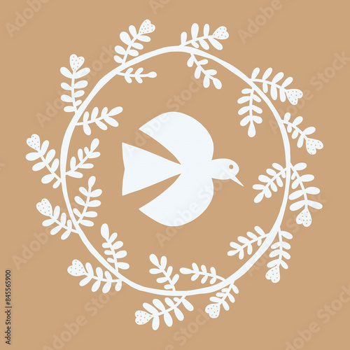 Flower hearts with quaint bird design on beige. Hand drawn illustration