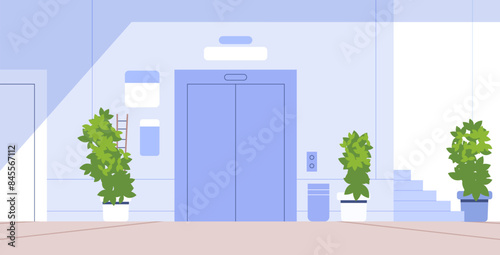 Corridor of residential building with closed elevator. Minimalistic style flat vector illustration