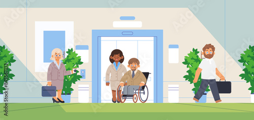 Diverse office workers use elevator. Flat vector business concept