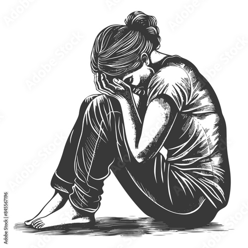 Engraved Solitude: Crying Woman Curled Up, Lines of Depression, Isolated on White