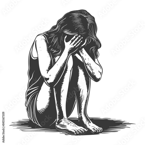 Engraved Depression: Crouched Woman Covering Face, Solitude and Shadow.