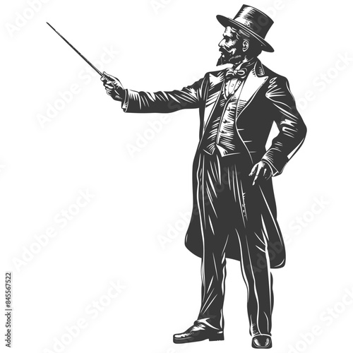Victorian gentleman in top hat pointing with cane, engraved style.