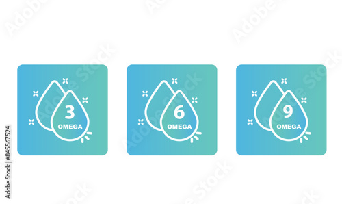 Omega 3, 6, 9 fatty acids.Three drops of polyunsaturated fatty acids. Vector illustration.