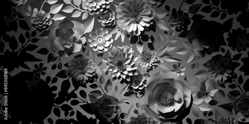3d render, abstract background of white paper flowers and leaves in contrast light. Floral wall, botanical wallpaper