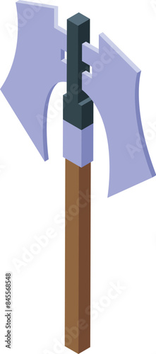 This double sided axe is standing upright with its wooden handle on a white background