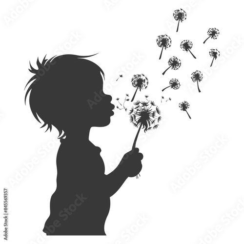 silhouette little boy blows dandelion flower black color only