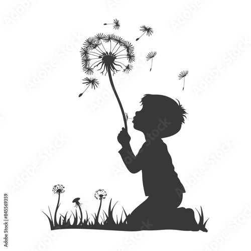 silhouette little boy blows dandelion flower black color only