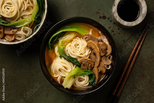 Konstfotografi Udon noodle soup with mushrooms, miso broth and bok choy or pak-choi cabbage