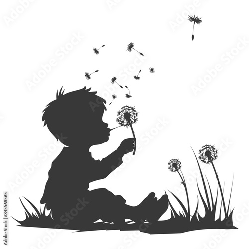 silhouette little boy blows dandelion flower black color only