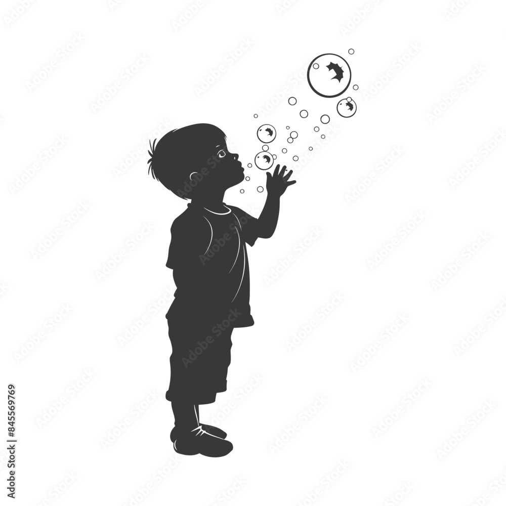silhouette little boy blow soap bubbles full body black color only