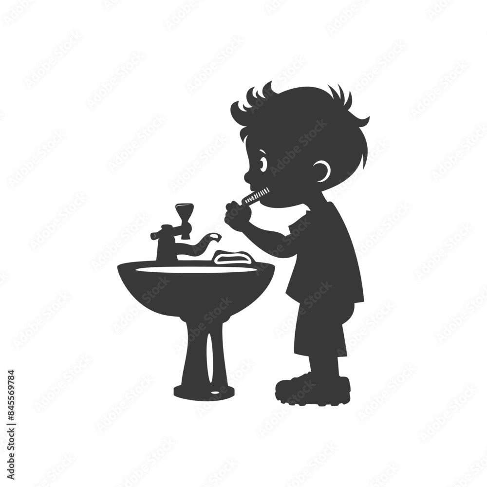 silhouette little boy brushing his teeth black color only silhouette little boy brushing his teeth black color only