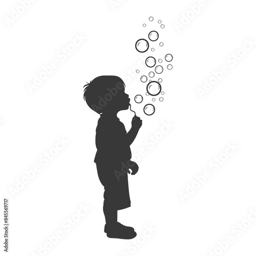 silhouette little boy blow soap bubbles full body black color only