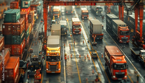 An image depicting the bustling activity at an international border crossing with trucks and cargo containers, symbolizing the flow of goods and services in cross-border trade