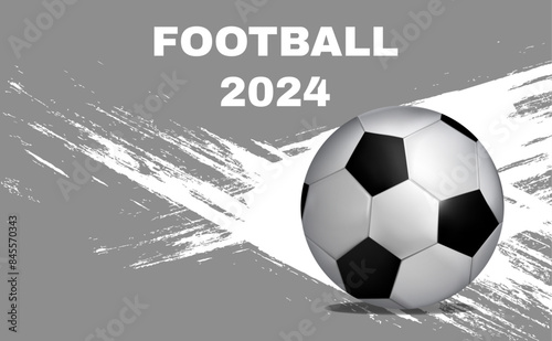 Background with soccer ball and splashes in realism style. Championship. Team. Cup, sports game. Social media. 2024. International sport. Vector. Icon. Banner. Summer football. Germany. Award. Finale