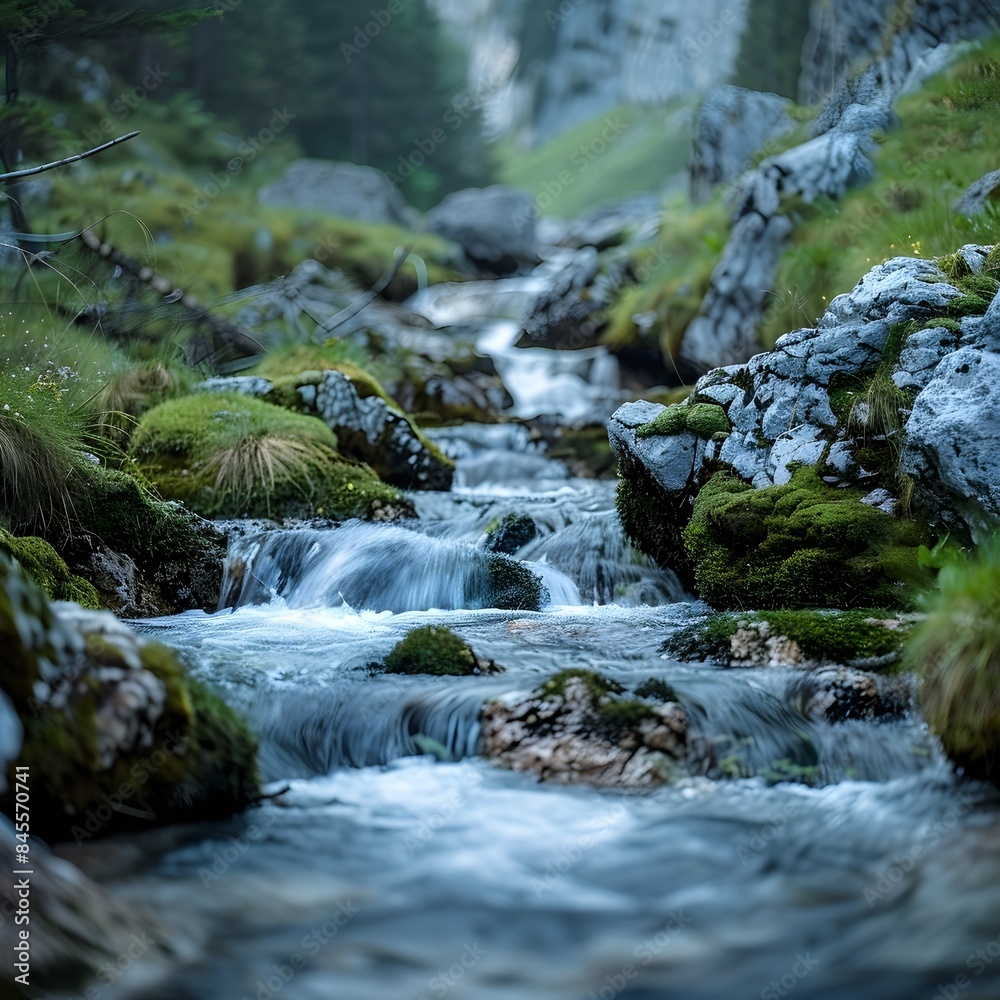 Pristine Mountain Stream Cold and Clear Running Through Mossy Banks and Lush Foliage