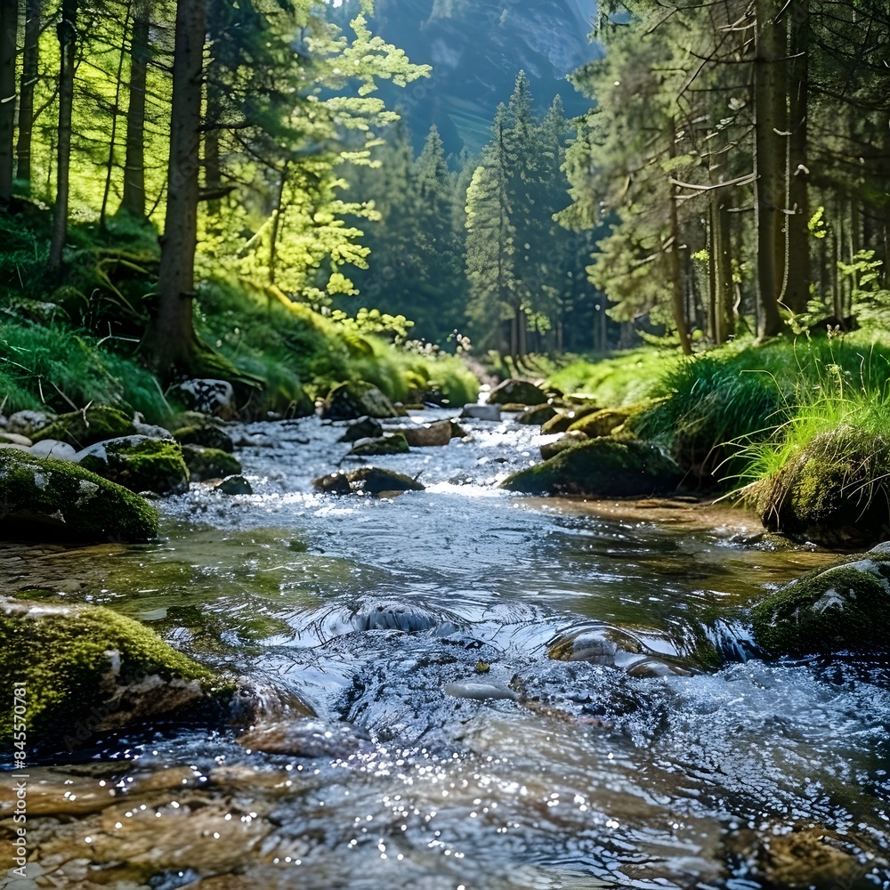 Pristine Mountain Stream Flowing Through Lush Mossy Banks in Serene Wilderness Landscape