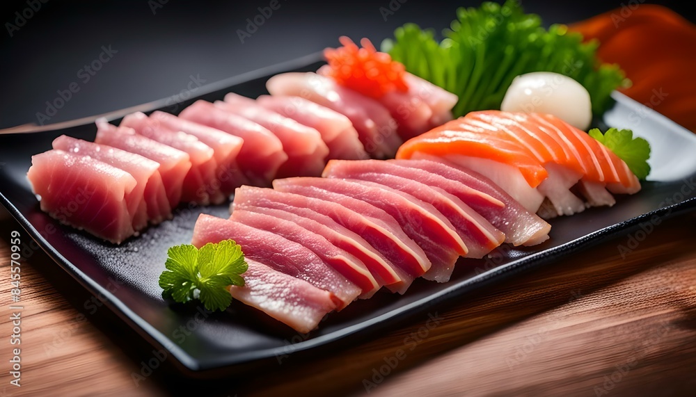 Premium Akami, Chutoro, Otoro sashimi on the black plate
Premium Akami, Chutoro, Otoro sashimi on the black plate