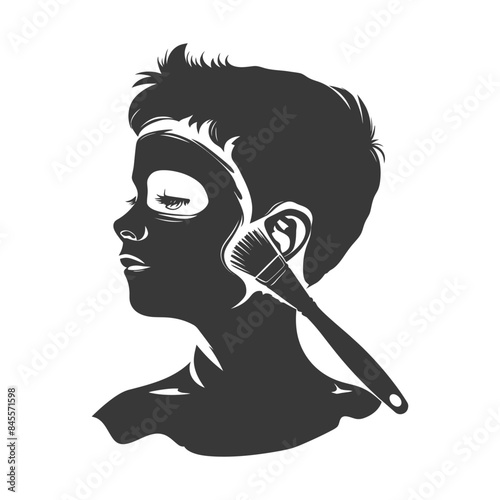 Silhouette: Facial mask application with brush, beauty routine, white background.