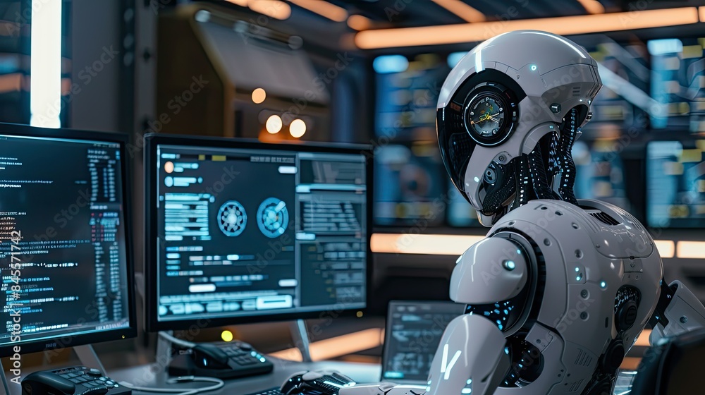 Robotic assistant working on multiple monitors, coding and analyzing data in a futuristic office. Robotic assistant working on multiple monitors, coding and analyzing data in a futuristic office.