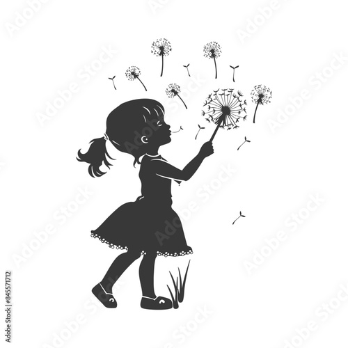 Silhouette of a Little Girl Blowing Dandelion Seeds, Wishing.