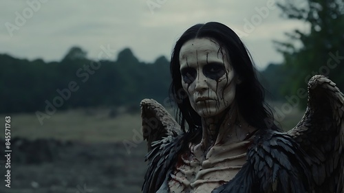 Scary death angel with black wings in darkness, scary, portrait of model suitable for halloween or death related content