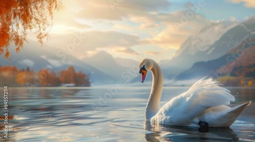 Fototapeta Naklejka Na Ścianę i Meble -  beautiful swans swimming in the lake with a mountain backdrop